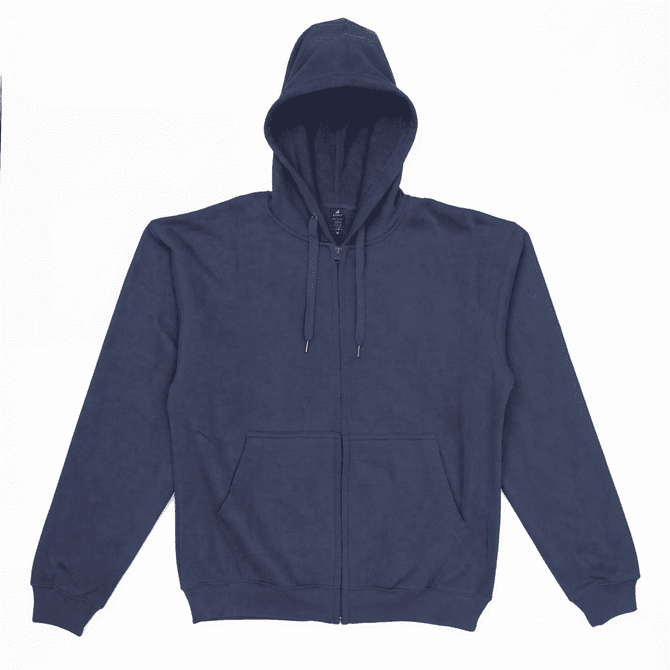 A navy zip-up hooded sweatshirt with a front pocket and drawstring hood. It features a small logo.