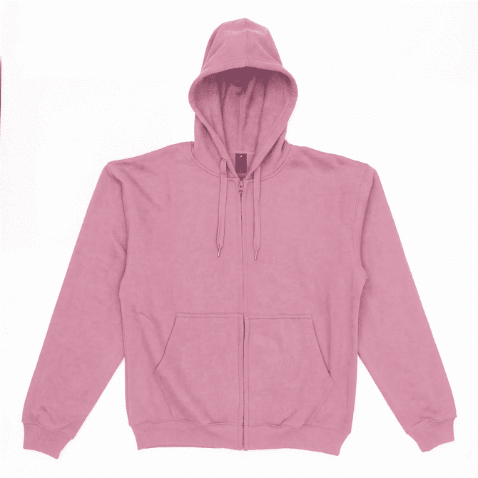 A pink zipped hooded sweatshirt with a front pocket and drawstring hood. It features a logo on the chest area.