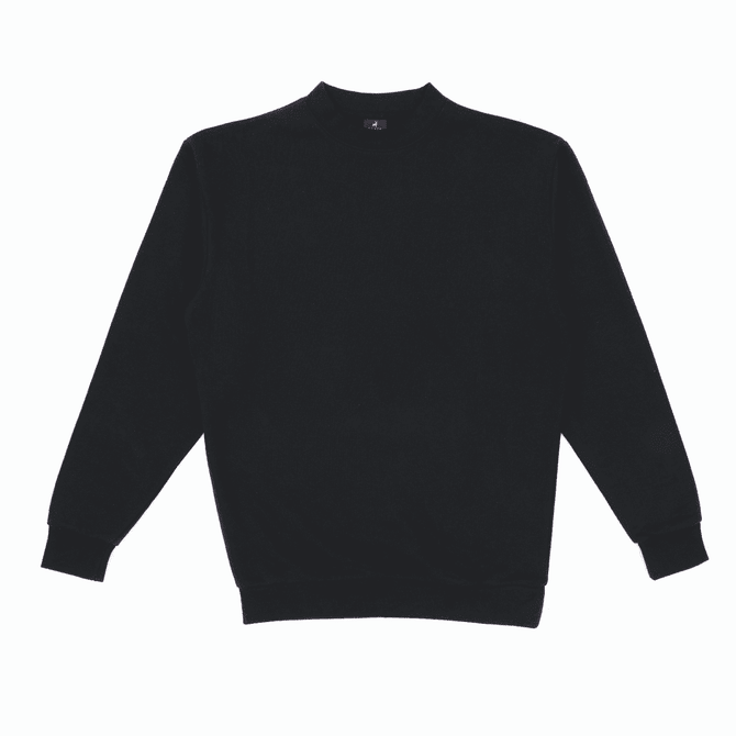 A black crew neck sweatshirt displayed flat, featuring long sleeves and a ribbed collar. It includes a logo on the inside label.