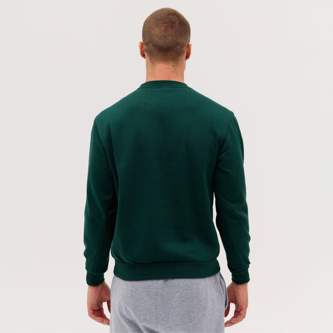 A green crew sweatshirt displayed from the back, featuring a simple design and a comfortable fit.