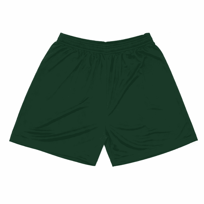 A pair of dark green shorts with an elastic waistband, featuring a smooth fabric texture.