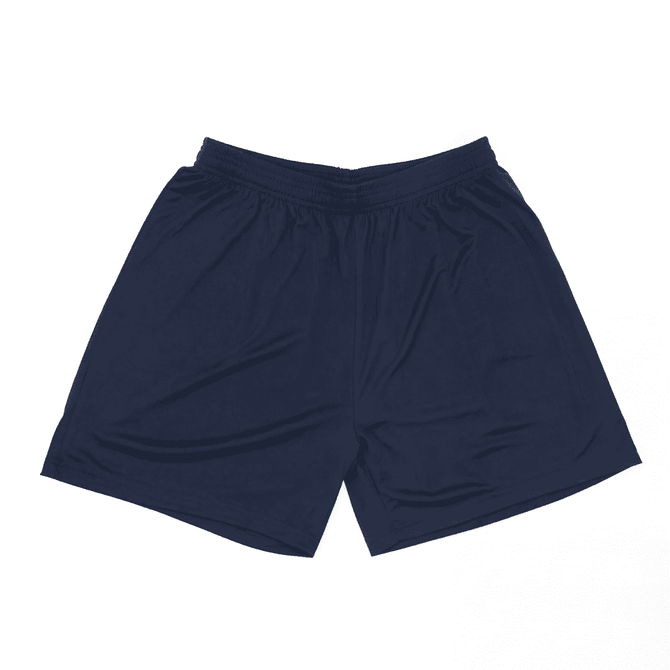 A pair of navy blue shorts with an elastic waistband and draped fabric. The shorts feature a logo on one side.