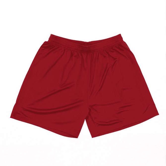 Red athletic shorts with an elastic waistband, featuring a smooth fabric and no visible logos.