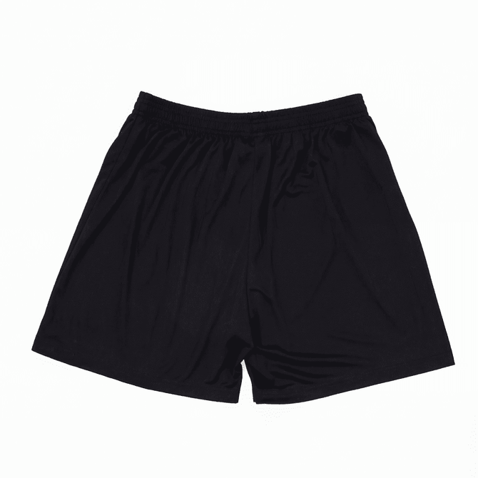 Black athletic shorts with an elastic waistband, featuring a logo on the side.