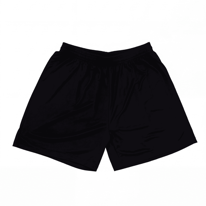 Black shorts with an elastic waistband, featuring a simple design and a logo on one side.