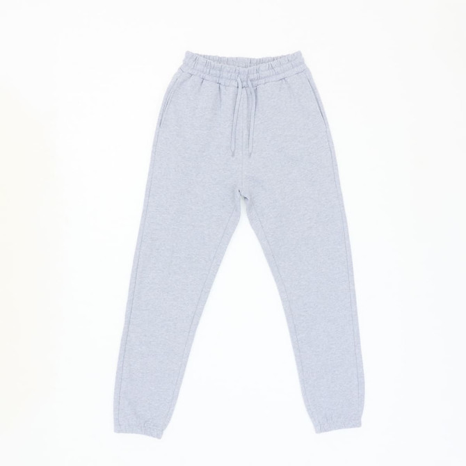 Light grey track pants with an elastic waistband and cuffs, featuring pockets and a logo.