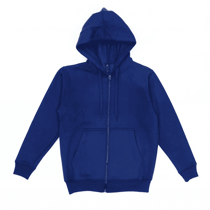 A blue zip-up hooded sweatshirt with a front pocket and drawstrings, featuring a logo on the inside label.