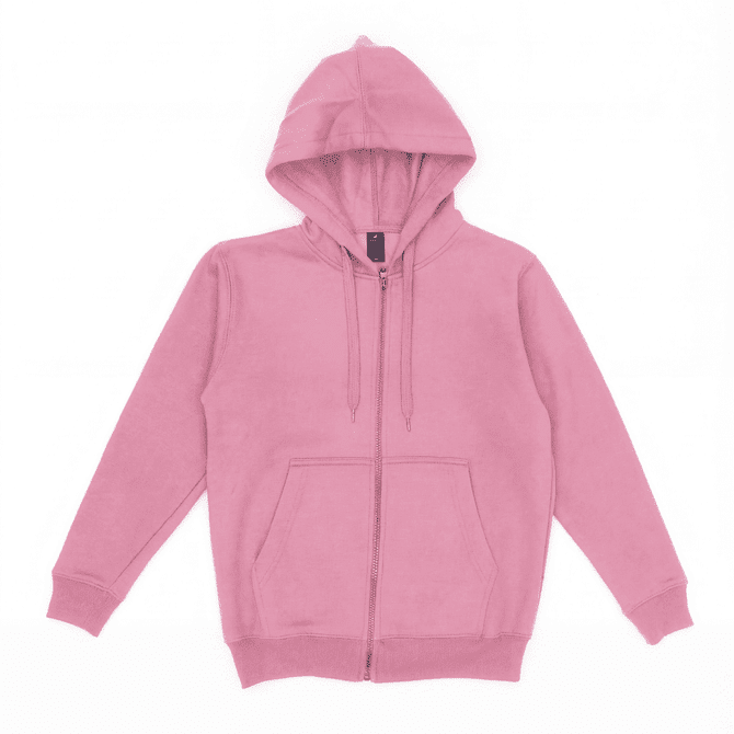 A pink zip-up hoodie with a hood and front pockets, featuring a logo on the tag.