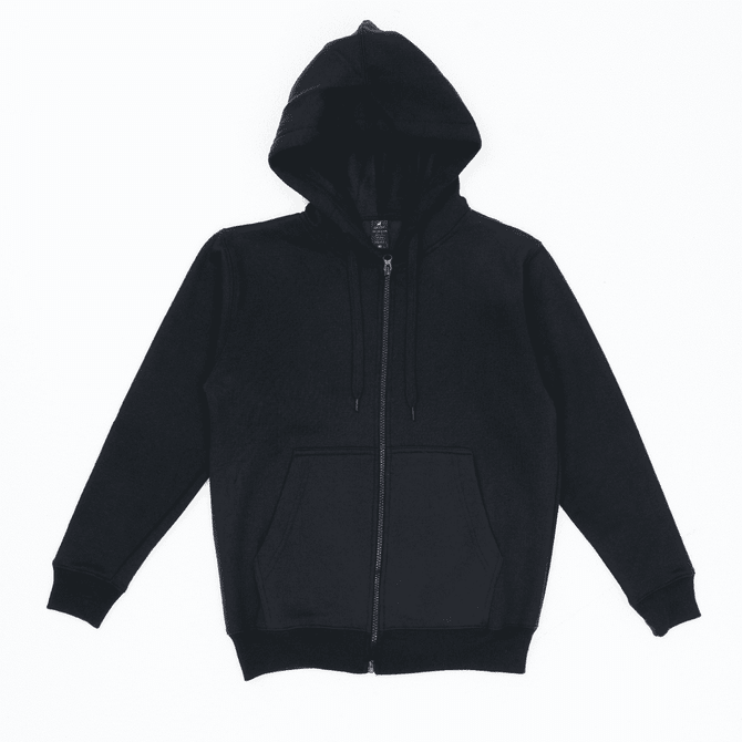 A black zip hoodie featuring a hood and front pockets, with a logo present.