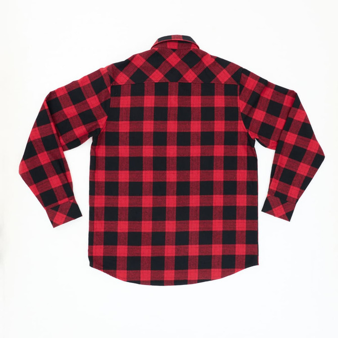 A red and black checkered long sleeve flannel shirt with a button-down collar and a logo.