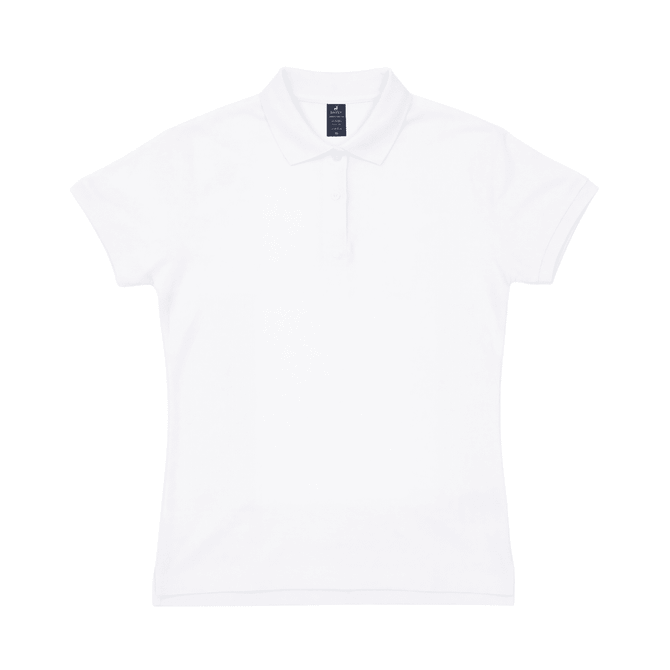 A white women's polo shirt with a collar and short sleeves, featuring a small logo.