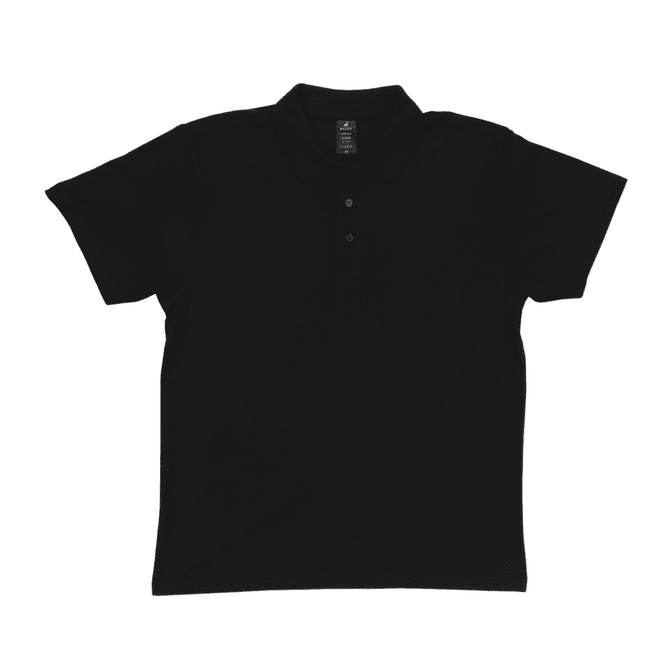 A black women's polo shirt features a collared neck and short sleeves, with a logo on the chest area.