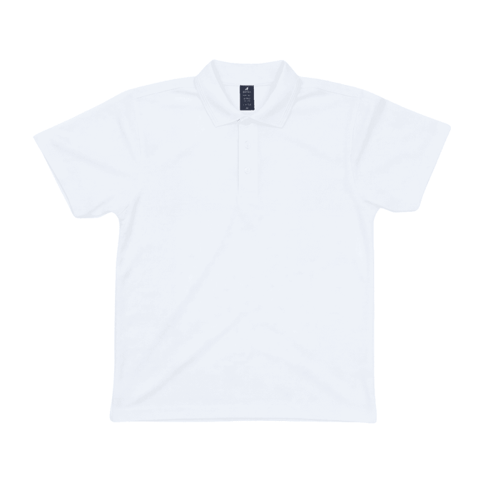 A white polo shirt featuring a collar and buttons. It has a branding logo on the neckline.
