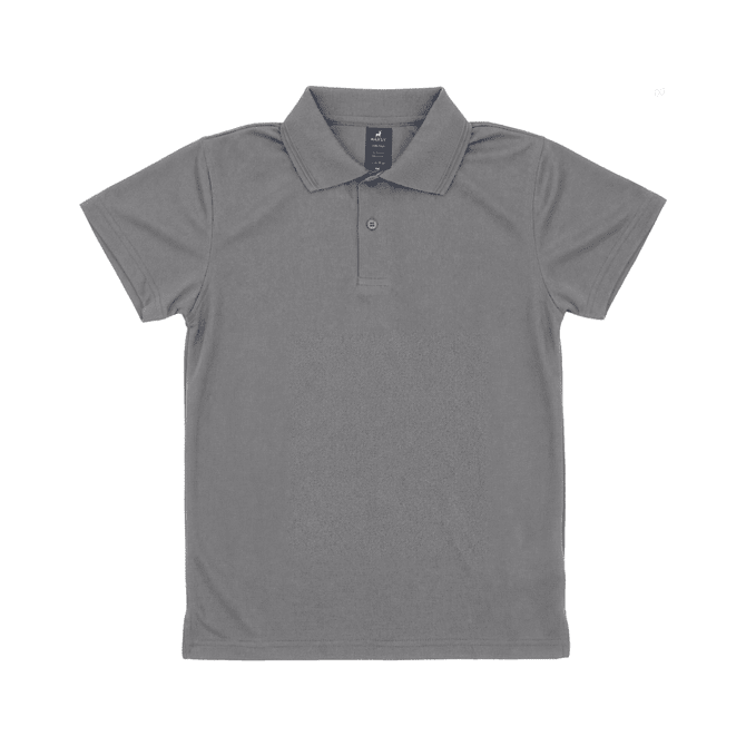 A grey youth polo shirt with a collar and a single button, featuring a branding logo.