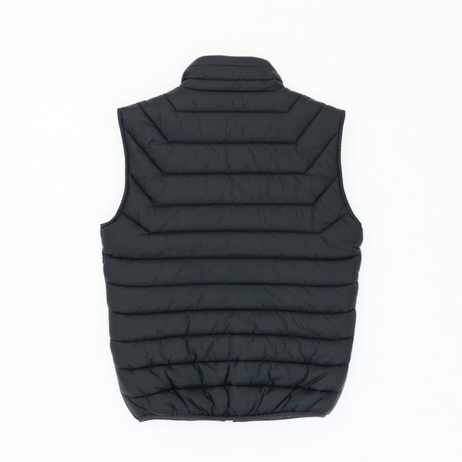 A black puffer vest with a quilted design and no sleeves, featuring a collar and a gathered hem.