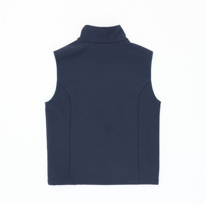 A navy softshell vest with a high collar and no sleeves, featuring a logo.