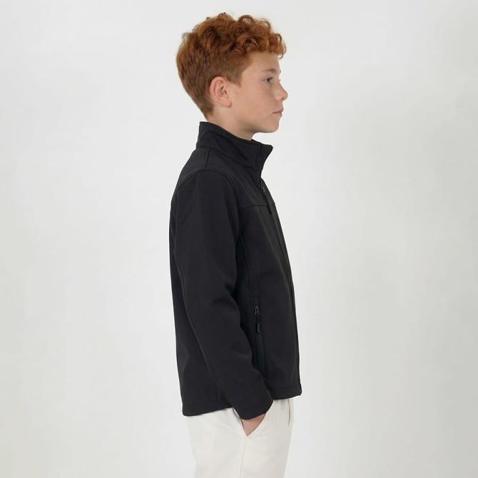 A youth black softshell jacket featuring a zippered front and side pockets. The jacket has a logo on it.