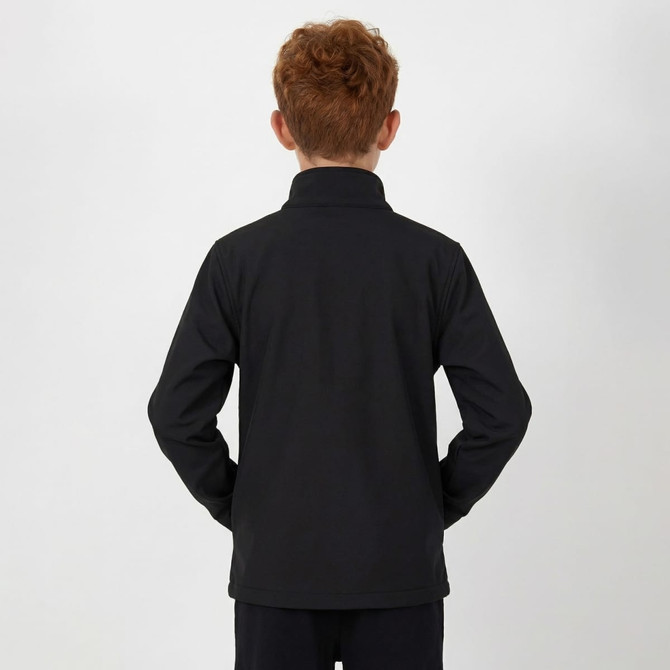 A youth black softshell jacket seen from the back, featuring a collar and fitted design. The jacket has a logo.