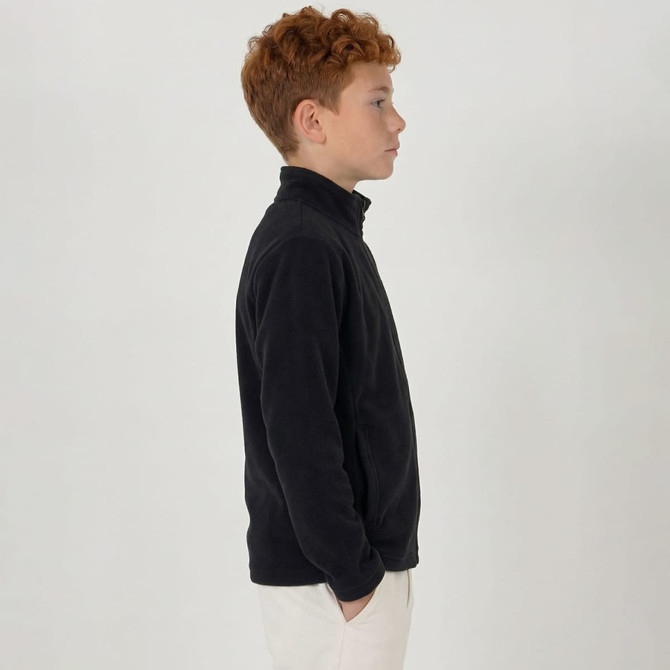 A black polar fleece full zip jacket for youth, featuring a high collar and a side profile view.