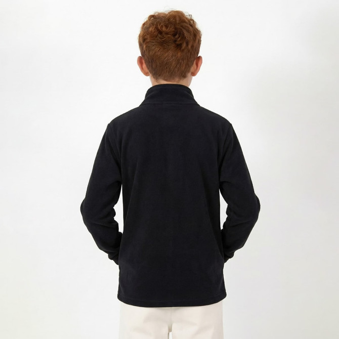 A polar fleece full zip jacket in navy, displayed from the back on a young model with curly red hair.