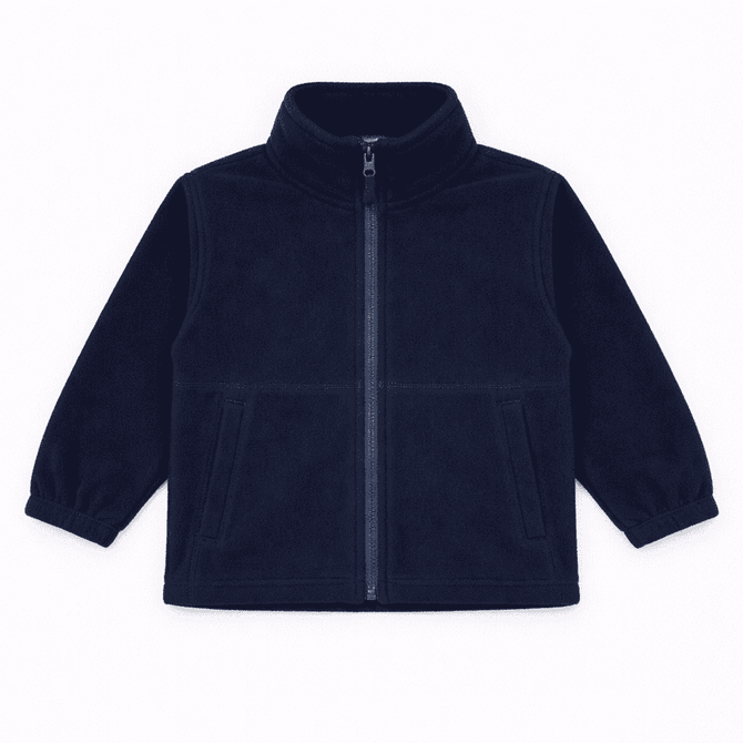 A navy polar fleece full zip jacket with long sleeves and two front pockets. Features a high collar and a zip closure.