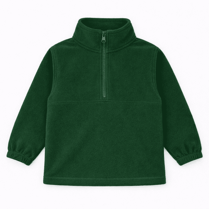 A green Youth Everest Polar Fleece 1/4 zip top with elasticated sleeves and a high collar. It has a brand logo.