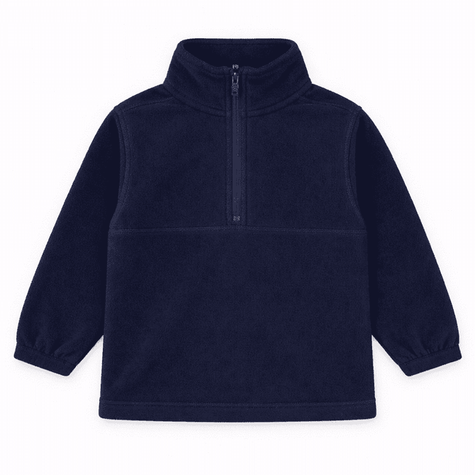 A navy polar fleece 1/4 zip jacket featuring long sleeves and a high collar. It has a logo on the front.