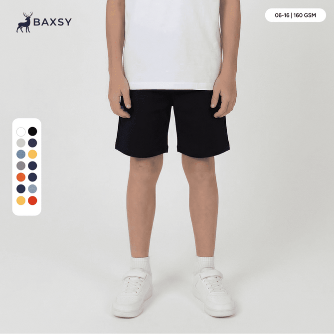 Youth Core Shorts in black, featuring a logo and a colour swatch on the left with various options.