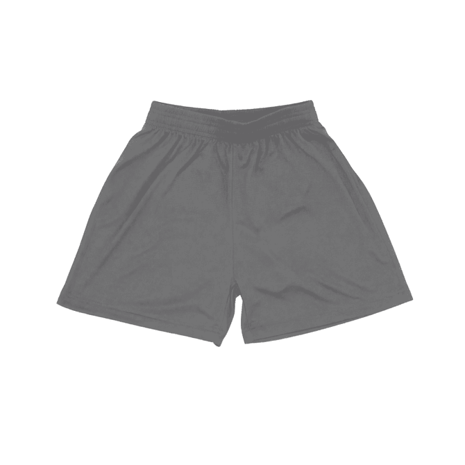 A pair of youth shorts in dark grey with an elastic waistband and a logo.
