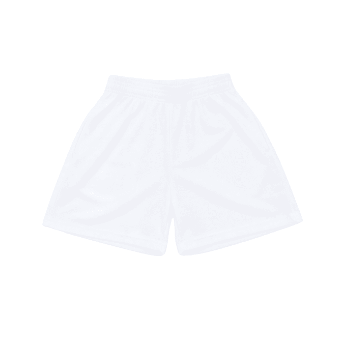 White shorts featuring an elastic waistband and a logo. Ideal for active wear and sports activities.