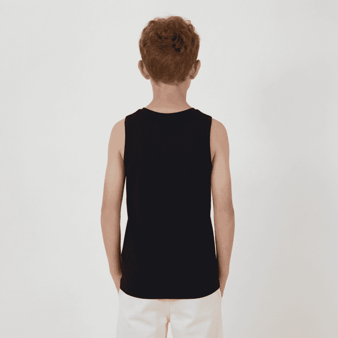A black youth singlet displayed on a child from the back, hands in pockets, against a plain background.