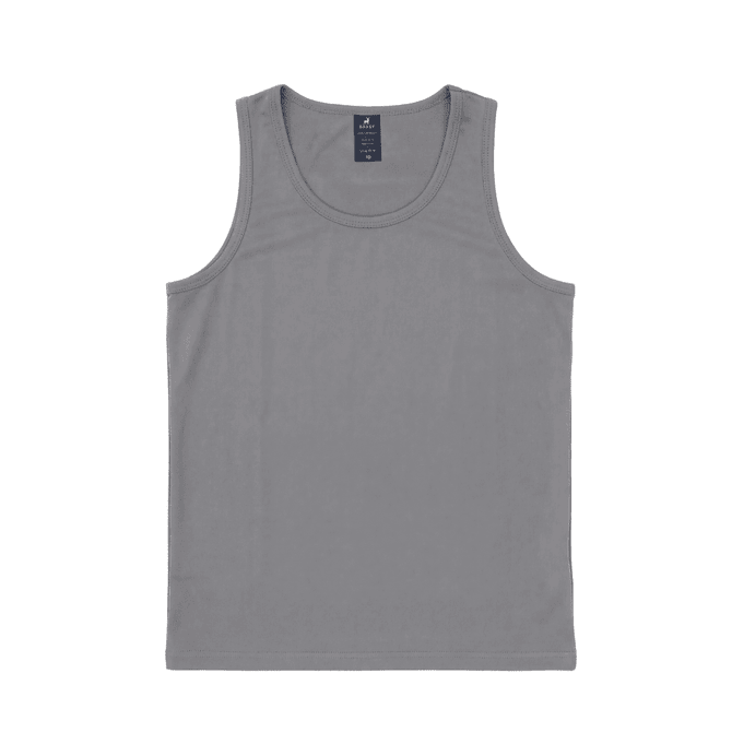 A grey youth singlet featuring a round neckline and no sleeves. It has a label inside and a simple design.