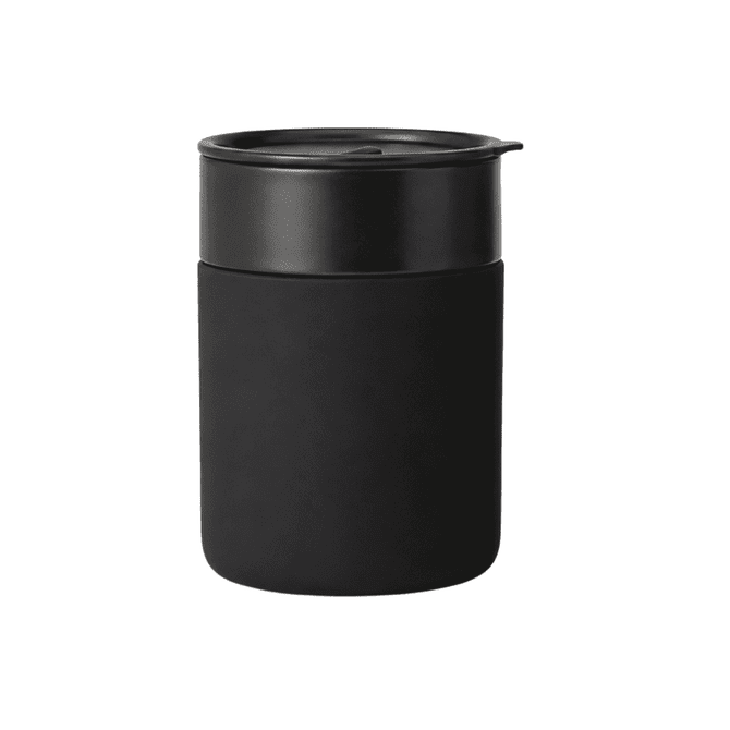 A ceramic coffee cup in matte black with a sleek black lid and a textured finish. Features a logo.
