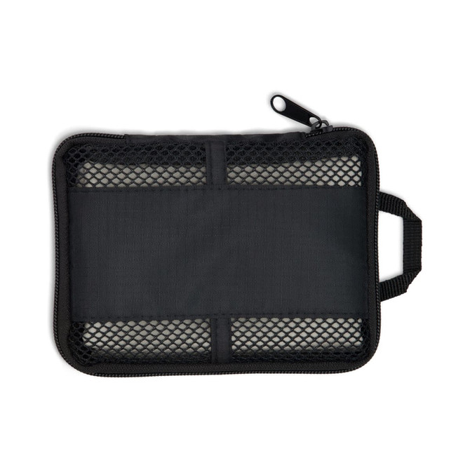 A black zippered pouch with a mesh front and a handle, suitable for organising small items.