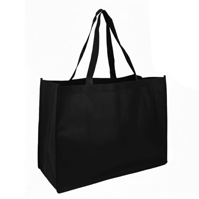 A black reusable grocery bag with two handles and a spacious interior. It features a logo on the side.