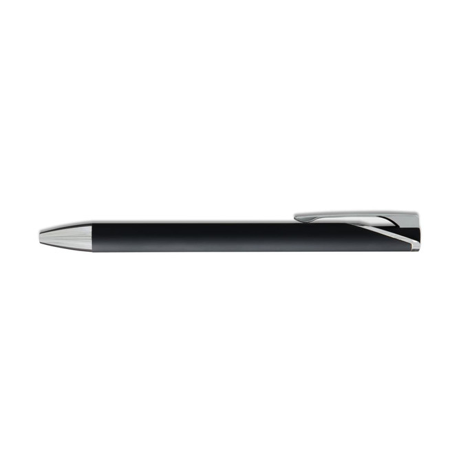 A black gel ink pen with a silver clip and a sleek design, featuring a logo.