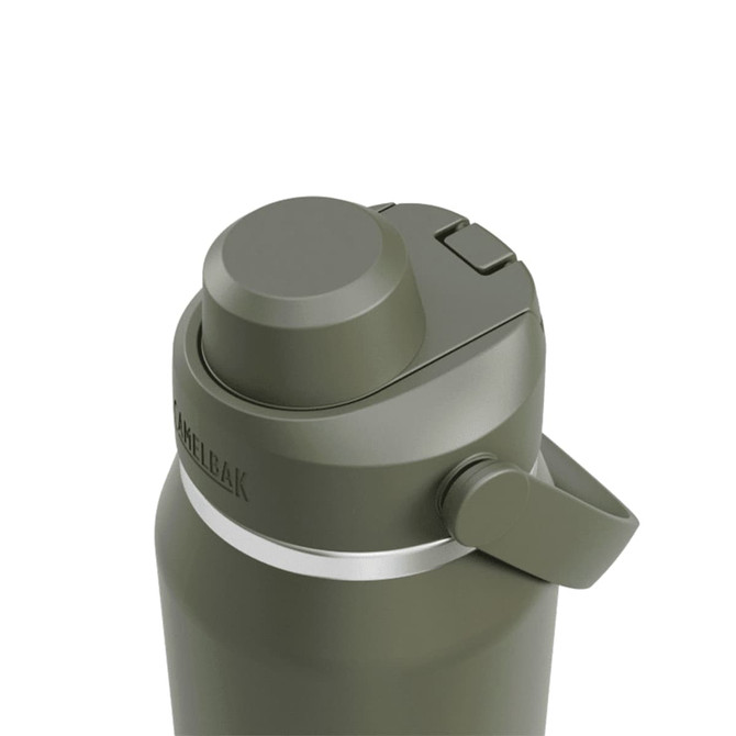 A drink bottle in olive green with a black lid, featuring a logo and a screw-top opening mechanism.