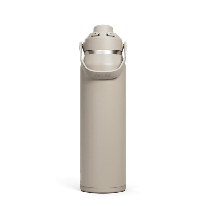 A drink bottle in a soft beige colour with a carrying handle and a spout. It features a logo on the side.