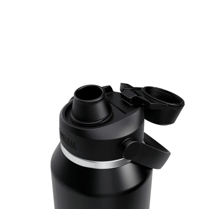 A drink bottle in black with a twist cap and a spout, featuring a logo on the side.
