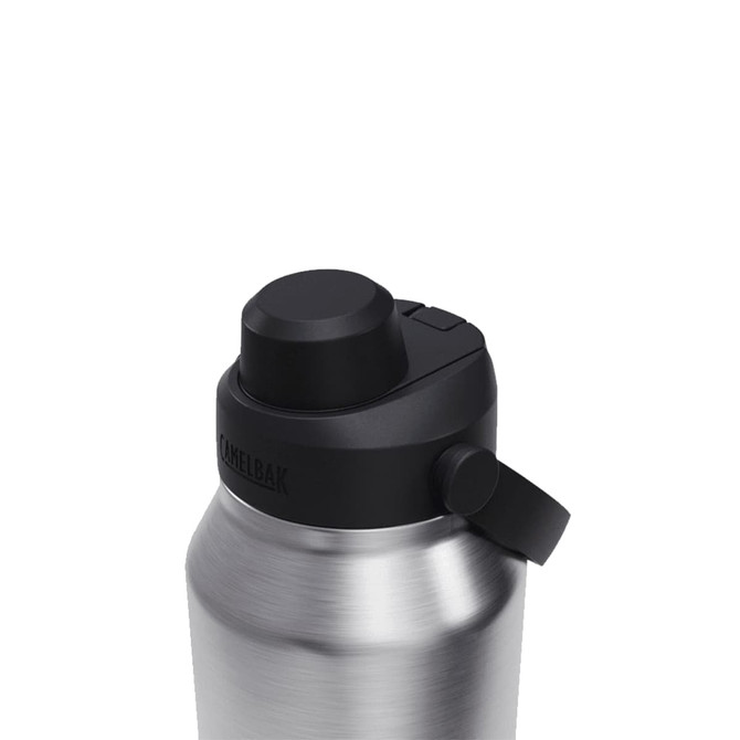 A drink bottle with a stainless steel body and black lid featuring a carrying handle and a push-button spout.