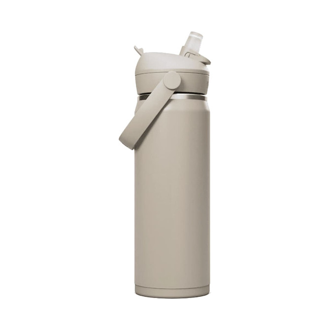 A drink bottle in a soft beige colour with a flip straw lid and an integrated handle for easy carrying.