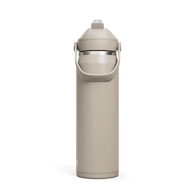 A drink bottle in a light brown shade with a flip straw and a carrying handle, featuring a logo.