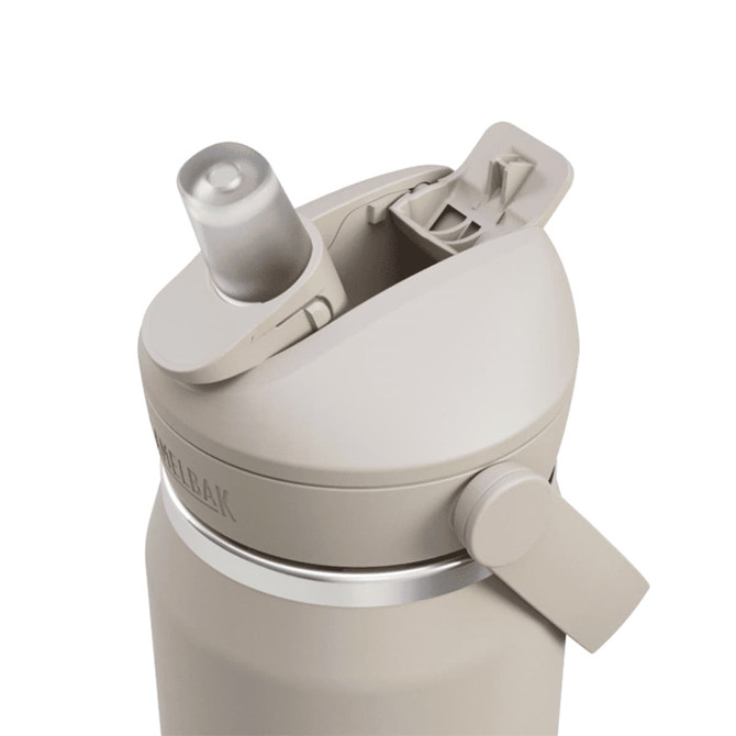 A drink bottle in a beige colour features a flip straw lid and a side lever for easy opening. It has a logo.