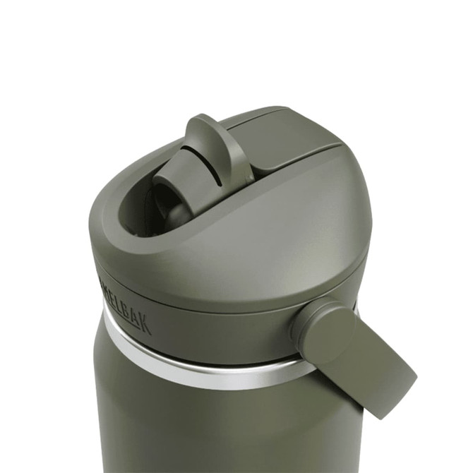 A drink bottle in olive green with a flip straw lid and a silver accent, featuring a branding logo.