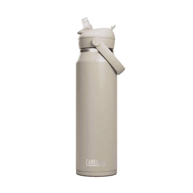A drink bottle in light beige with a flip straw and a carry handle, featuring a logo.