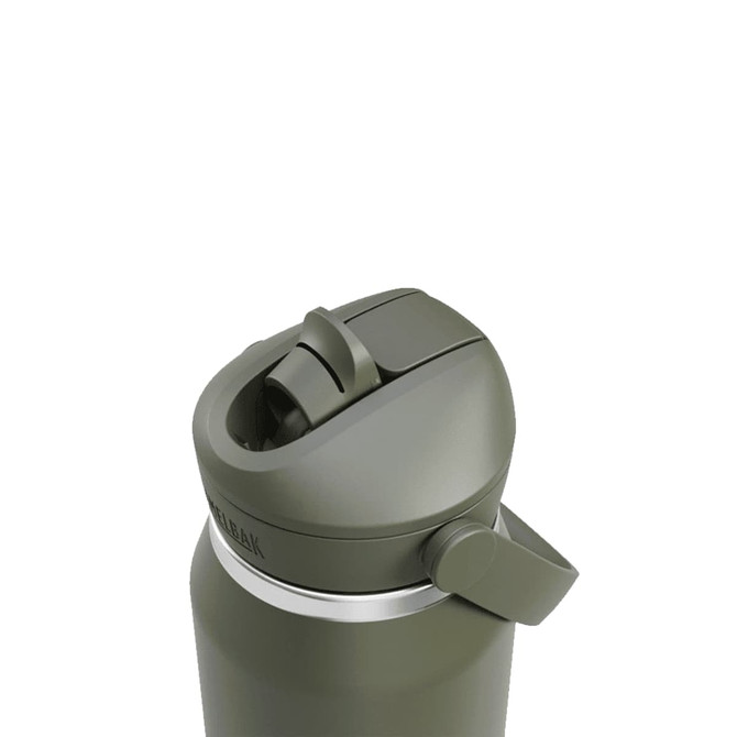 A drink bottle in dark green featuring a flip straw and a silver accent around the top, with a logo on the side.