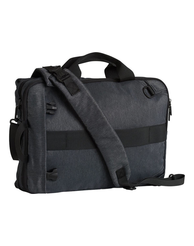 A grey laptop bag with black straps and handles, featuring a logo and adjustable shoulder strap.
