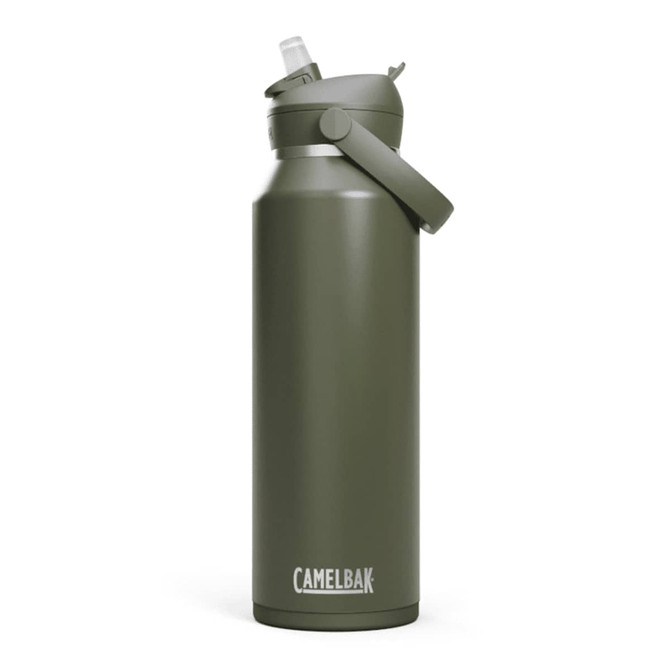 A drink bottle in olive green with a flip straw and a handle, featuring a brand logo.