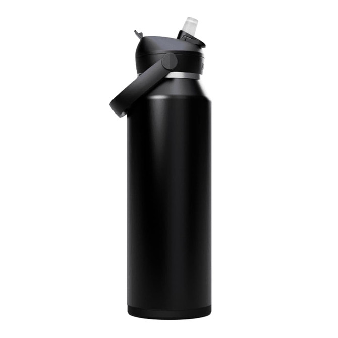 A drink bottle in matte black with a flip straw lid and a handle, featuring a brand logo.