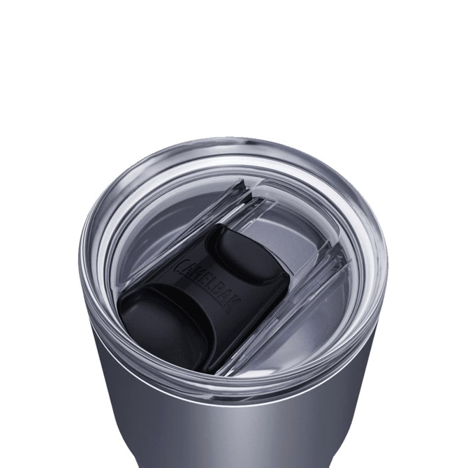 A drink bottle with a clear lid and a black sliding mechanism, featuring a stainless steel body in grey.